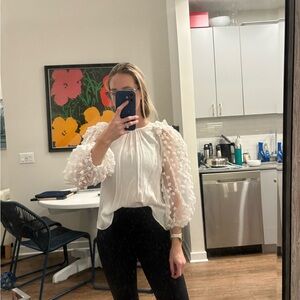 Zara White Blouse with Sheer Textured Sleeves